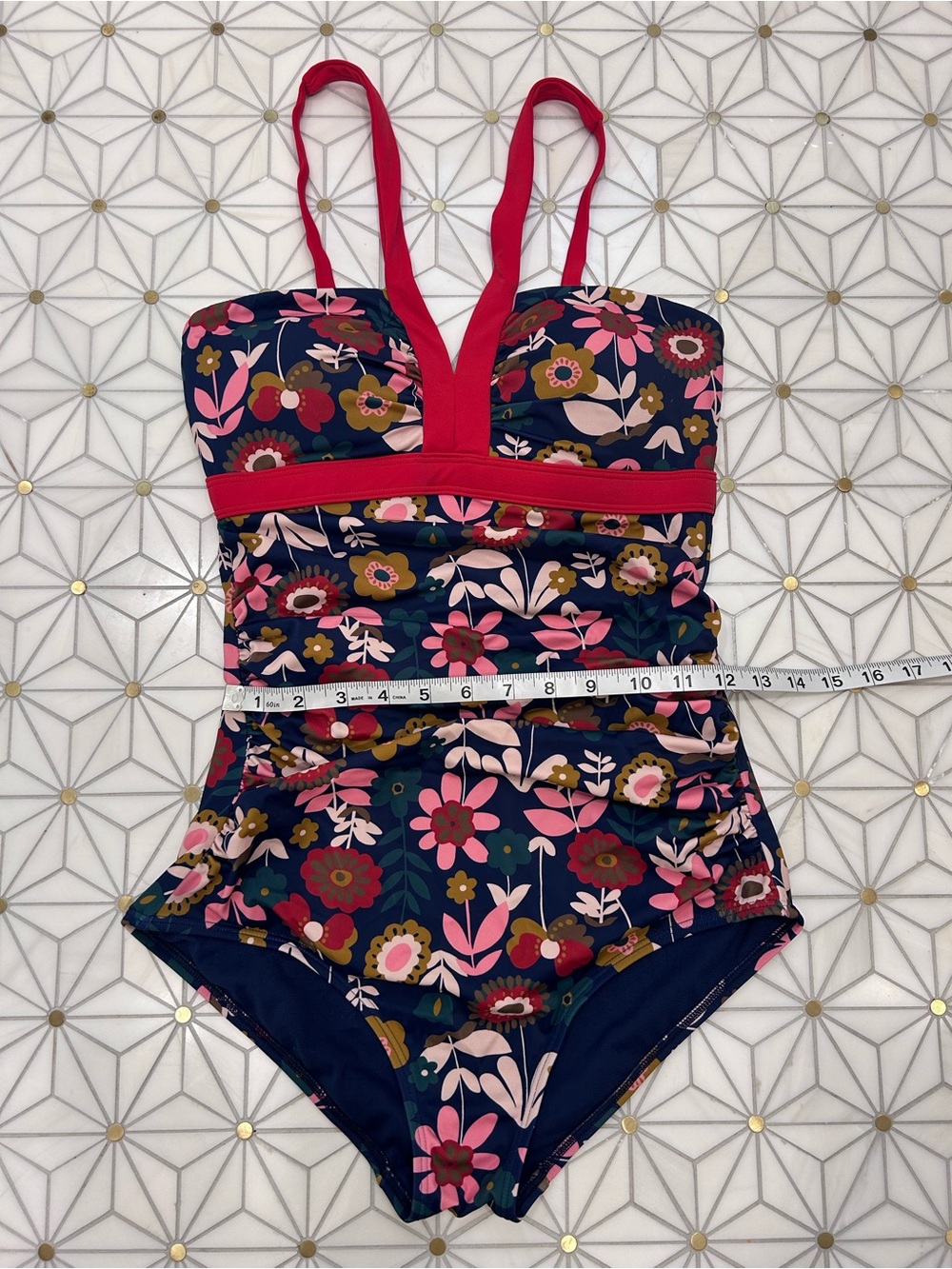 Boden Navy Floral One-Piece Swimsuit with Pink Straps - Women's Size 8 Long - Picture 5 of 6